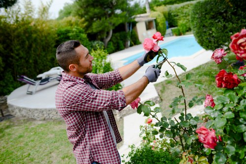 Gardener working in a residential garden with tools